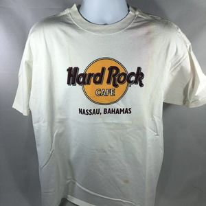 Vintage Hard Rock Cafe Men Shirt XL White Nassau Bahamas Short Sleeve STAINED